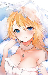  bare_shoulders blonde_hair blue_eyes blush breasts bridal_veil cleavage collarbone commentary detached_collar dress earrings female g36_(girls&#039;_frontline) girls&#039;_frontline highres jewelry large_breasts long_hair off-shoulder_dress off_shoulder parted_lips peanutc photoshop_(medium) see-through shawl smile solo swept_bangs upper_body veil white_dress 