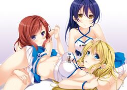  3girls ayase_eli bad_id bad_twitter_id bare_shoulders barefoot between_thighs blonde_hair blue_eyes blue_hair blush breasts commentary_request earrings hair_between_eyes hair_down hand_on_another&#039;s_head highres hino_minato_(spec.c) jewelry lap_pillow long_hair looking_at_viewer love_live! love_live!_school_idol_project lying medium_breasts midriff multiple_girls navel nishikino_maki on_back pacific_racing_team purple_eyes race_queen red_hair seiza short_hair simple_background sitting skirt soldier_game sonoda_umi white_background yellow_eyes 