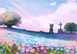  1boy cloud cloudy_sky commentary_request cross danganronpa field flower flower_field from_behind horned_headwear hoshi_ryouma male_focus manino_(mofuritaionaka) new_danganronpa_v3 purple_flower scenery signature sky solo tombstone tree 