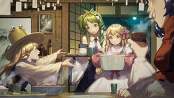  4girls :d ahoge animal_print annotated antenna_hair arm_on_table arm_rest artist_self-reference bad_id bad_pixiv_id blonde_hair blue_necktie blue_skirt blurry blush bottle bowl brown_headwear cloud colored_eyelashes commentary_request congming_lan cooking_pot cup depth_of_field detached_sleeves dress facing_viewer fingernails floral_print food_request frog_hair_ornament frog_print from_side full_moon green_eyes green_hair hair_between_eyes hair_ornament hair_ribbon hair_tubes hands_up happy holding holding_cooking_pot holding_cup holding_tray indoors keisenko kitchen kochiya_sanae layered_clothes leaning_forward long_hair long_sleeves mittens moon moonlight moriya_suwako multiple_girls necktie night night_sky one_side_up open_door open_mouth original outstretched_arms oven_mitts parted_bangs parted_lips photo_(object) pink_dress pink_eyes pink_mittens plate profile puffy_short_sleeves puffy_sleeves purple_hair purple_vest reaching red_ribbon red_shirt ribbon rope shiny_skin shirt short_hair short_sleeves shouji side_ponytail sitting skirt sky sleeveless sleeveless_shirt sliding_doors smile snake_hair_ornament steam table tea touhou tray very_long_hair vest white_shirt wide_sleeves yasaka_kanako yellow_eyes yunomi 