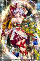  arms_up boots breasts commentary_request female floral_print highres holding japanese_clothes kimono large_breasts mito_amatsu multicolored_hair obi official_art open_mouth original sash sengoku_hanafuda_kassen 