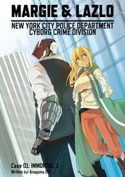  1boy anaguma_keigo aqua_eyes artist_name back-to-back belt blonde_hair boots breasts brown_footwear building cargo_pants choker commentary_request cover cyberpunk cyborg english_text female grin hands_in_pockets height_difference highres holster knee_boots large_breasts long_coat looking_to_the_side low_ponytail new_york_city new_york_city_police_department original pants purple_choker red_pants ribbed_sweater shirt shoulder_holster skyscraper sleeves_pushed_up smile sweater vest white_shirt 