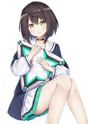  black_choker black_hair blue_jacket choker closed_mouth commentary facial_mark feet_out_of_frame female fuji_noyume highres holding holding_pillow jacket lips long_sleeves looking_at_viewer miniskirt pictoria pillow pleated_skirt short_hair sitting skirt smile solo thighs towa_kiseki triangle virtual_youtuber white_background white_skirt yellow_eyes 