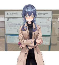  alternate_costume alternate_hairstyle black_pants black_sweater blue_eyes blue_hair brown_coat check_commentary coat commentary_request cowboy_shot crossed_arms female gotland_(kancolle) green_nails hair_bun highres jewelry kantai_collection long_hair looking_at_viewer mole mole_under_eye nail_polish pants photo_background photoshop_(medium) ring sidelocks sign single_hair_bun solo standing subway_station sweater tifg39 tokyo_metro train_station wedding_ring 