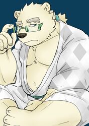  2019 anthro bear belly biped clothing eyewear fur glasses leib_(tas) lifewonders male mammal moobs navel overweight overweight_anthro overweight_male polar_bear robe simple_background sitting solo srw225we tokyo_afterschool_summoners ursine white_body white_fur 