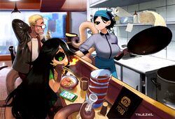  1_eye ahoge apron ata_(anaid) beverage big_eyes big_tail biped black_body black_clothing black_hair black_sclera black_skin blonde_hair bodily_fluids chopsticks clothed clothing conto cookware cyclops dark_body dark_skin detailed_background dipstick_tail eating eyewear family female fire food frying_pan fully_clothed glasses gloves_(marking) green_clothing green_eyes grey_clothing group hair half-closed_eyes headgear headwear hi_res holding_object humanoid jacket kitchen_utensils leather leather_clothing leather_jacket leather_topwear light_body light_skin lohan_(anaid) long_hair long_tail longtailclops looking_at_another madu_(anaid) male mammal markings monster_girl_(genre) multicolored_body multicolored_skin multicolored_tail narrowed_eyes nervous pale_skin prehensile_tail public restaurant shirt short_hair sibling_(lore) sister_(lore) sisters_(lore) sweat sweatdrop t-shirt tail tail_markings tailclops_(race) tailclops_(species) tan_body tan_skin tools topwear two_tone_body two_tone_skin unimpressed 