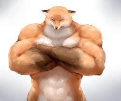  abs animal_focus closed_eyes crossed_arms fox gradient_background grey_background highres meme muscle_fox muscular no_humans original simple_background solo sukemyon upper_body 