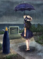  black_hair blue_dress blue_ribbon blue_umbrella cloud commentary commission commissioner_upload dark_clouds dress english_commentary engrish_commentary female fog full_body grey_sky hat hidden_face highres holding holding_umbrella iowa_(pacific) iowa_point_(norfolk) legs legs_together long_hair melisaongmiqin name_connection object_namesake outdoors overcast pacific_(kancolle) puffy_short_sleeves puffy_sleeves rain real_world_location ribbon ribbon-trimmed_legwear ribbon_trim salute short_sleeves sky standing storm sun_hat umbrella uss_iowa_(bb-61) white_headwear white_legwear 