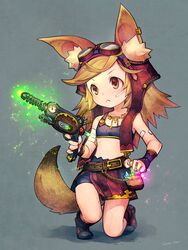  :&lt; animal_ears earrings energy_gun female female fox_ears fox_tail goggles goggles_on_head grey_background jewelry kiitos midriff original ray_gun shorts shorts_under_skirt simple_background skirt solo tail weapon 