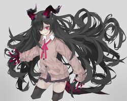  absurdres black_hair black_skirt black_thighhighs blood blood_on_clothes blood_on_face cardigan commentary_request demon_girl earrings female fingernails grey_background hair_over_one_eye highres horns jewelry kesuno long_hair long_sleeves nail_polish original pink_eyes sharp_fingernails simple_background skirt sleeves_past_wrists solo thighhighs tongue tongue_out very_long_hair white_nails zettai_ryouiki 