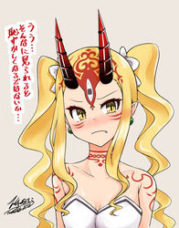  bare_shoulders bikini blonde_hair blush bow breasts cleavage closed_mouth collarbone commentary_request earrings embarrassed facial_mark fang_out fate/grand_order fate_(series) female forehead_mark frown grey_background hairbow head_tilt highres horns ibaraki_douji_(fate) ibaraki_douji_(swimsuit_lancer)_(fate) ibaraki_douji_(swimsuit_lancer)_(second_ascension)_(fate) jewelry long_hair looking_at_viewer nose_blush oerba_yun_fang photoshop_(medium) pointy_ears shoulder_tattoo sidelocks signature simple_background small_breasts solo strapless strapless_bikini swimsuit tattoo translation_request twintails upper_body wavy_hair wavy_mouth whisker_markings white_bikini white_bow yamato_nadeshiko yellow_eyes 