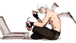  1boy black_footwear black_gloves black_legwear bleeding blood blood_on_weapon boots broken broken_weapon closed_mouth cup dante_(devil_may_cry) devil_may_cry_(series) devil_may_cry_3 donlemefo drinking_straw dripping eating fingerless_gloves food gloves grey_eyes highres holding holding_cup holding_food holding_pizza impaled injury male_focus pectorals pizza pizza_box pizza_slice scythe simple_background sitting solo topless_male weapon white_background white_hair 