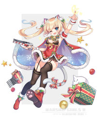  ;d arm_up black_thighhighs blonde_hair blue_eyes blush boots bow box breasts cannon cat_tail christmas cloak commentary_request copyright_name detached_sleeves dress dyson_(warship_girls_r) female fur-trimmed_boots fur-trimmed_cloak fur-trimmed_dress fur-trimmed_sleeves fur_trim garter_straps gift gift_box green_bow grey_background gun hair_ornament hairbow handgun hasu_(velicia) head_tilt highres holding holding_gun holding_weapon long_hair medium_breasts mole mole_on_breast oerba_yun_fang official_art one_eye_closed open_mouth pointing print_cloak puffy_short_sleeves puffy_sleeves red_bow red_cloak red_dress red_footwear red_sleeves santa_boots santa_costume shoe_soles short_sleeves smile snowflake_print solo sparkle star_(symbol) tail tail_bow tail_ornament thighhighs thighhighs_under_boots turret twintails two-tone_background v-shaped_eyebrows very_long_hair warship_girls_r weapon white_background wrist_cuffs 