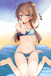  ass_visible_through_thighs bare_legs bare_shoulders barefoot beach bikini blue_eyes blush breasts brown_hair collarbone commentary female hair_ribbon hand_on_own_face kantai_collection kazagumo_(kancolle) kazagumo_(swimsuit_mode)_(kancolle) long_hair looking_at_viewer navel open_mouth outdoors ponytail revision ribbon rui_shi_(rayze_ray) sand sitting solo swimsuit umbrella wariza 