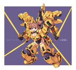  absurdres armor artist_name beam_saber blue_eyes breasts brown_hair cleavage commentary_request dated energy_sword extra_arms female full_body gundam highres large_breasts leotard mecha_musume michi_kuso open_mouth quadruple_wielding short_hair short_twintails simple_background skindentation solo sword the_o_(mobile_suit) twintails weapon zeta_gundam 