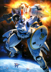  absurdres assault_visor beam_rifle bird cloud crown damaged dirty eagle earth_(planet) energy_gun fleet glowing glowing_eye green_visor gun gundam gundam_wing highres in_orbit insignia leo_(mobile_suit) machinery markings mecha no_humans non-web_source ocean official_art pinakes planet realistic robot science_fiction shield space star_(symbol) starry_background tallgeese thrusters two-headed_eagle weapon zero_gravity 