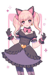  alternate_hairstyle animal_ears argyle_clothes argyle_legwear bad_id bad_pixiv_id black_cat_d.va black_dress black_gloves blonde_hair bodice bow bowtie breasts cat_ears cleavage contrapposto cowboy_shot d.va_(overwatch) dress earrings ennn eyelashes female frilled_dress frills glove_bow gloves gothic_lolita hairbow hands_up hat heart heart_earrings highres jewelry lolita_fashion looking_at_viewer medium_breasts medium_hair official_alternate_costume open_mouth overwatch overwatch_1 pantyhose pink_bow pink_eyes puffy_short_sleeves puffy_sleeves short_sleeves small_hands smile solo sparkle twintails white_background 