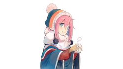  blush kagamihara_nadeshiko long_hair nasuno_chiyo photoshop pink_hair scarf white yuru_camp 