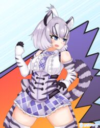  2018 absolute_territory abstract_background ahoge alternative_fashion animal_humanoid armwear bare_shoulders big_breasts biped black_ears blue_eyes blush bodice bottomwear breasts cave_lion_(kemono_friends) clothed clothing detached_sleeves digital_drawing_(artwork) digital_media_(artwork) ero_lolita eyelashes fangs felid felid_humanoid female fighting_pose frilly front_view fully_clothed gloves grey_hair grey_markings grey_stripes grey_tail hair handwear hi_res highlights_(coloring) humanoid inner_ear_fluff j-fashion kemono_friends lacing legwear light light_body light_skin lighting lolita_(fashion) looking_aside looking_away mammal mammal_humanoid markings necktie noseung open_mouth open_smile pantherine pantherine_humanoid pleated_skirt portrait pose shadow short_hair skirt smile smirk smug solo spread_legs spreading standing striped_markings striped_tail stripes suspenders tail tail_markings tan_body tan_skin teeth thigh_highs three-quarter_portrait tuft two_tone_tail white_tail wide_stance zoom_lines 