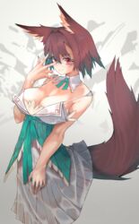  animal_ears bare_shoulders blue_nails blush breasts brown_tail cleavage clothes_lift commentary_request dress female fox fox_ears glasses green_ribbons highres kesuno large_breasts lifted_by_tail nail_polish original panties red_eyes ribbon short_hair skirt skirt_lift smile solo standing tail tail_raised underwear 