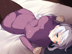  bed blue_eyes blush gray_hair long_hair original pantyhose zeroshiki_kouichi 