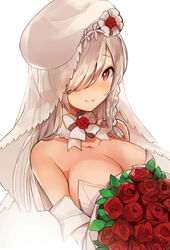  bare_shoulders beret blush bouquet bow bowtie braid breasts bridal_veil cleavage closed_mouth commentary detached_collar dress female flower g36c_(girls&#039;_frontline) girls&#039;_frontline grey_hair hair_over_one_eye hat holding holding_bouquet large_breasts long_hair looking_at_viewer neck_flower peanutc photoshop_(medium) purple_eyes red_flower red_rose rose see-through side_braid simple_background smile solo strapless strapless_dress upper_body veil white_background white_bow white_bowtie white_dress white_hat 