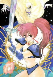  1980s_(style) armor asagiri_youko bikini_armor bracer colored_skin female fingernails flower genmu_senki_leda high_side_ponytail highres holding holding_sword holding_weapon inomata_mutsumi jewelry long_hair navel necklace non-web_source official_art open_mouth pauldrons red_hair retro_artstyle sharp_fingernails shoulder_armor side_ponytail solo sword turban two-handed weapon white_skin 