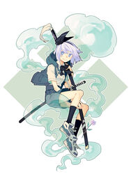  adapted_costume blue_eyes chinese_commentary colored_eyelashes commentary female flower full_body hair_ribbon highres hood hooded_jacket jacket katana ko_kita konpaku_youmu konpaku_youmu_(ghost) looking_at_viewer neck_ribbon pleated_skirt ribbon shoes short_hair skirt sleeveless sleeveless_jacket smile sneakers solo sword touhou weapon white_hair 