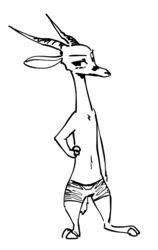  2018 ambiguous_gender antelope anthro barefoot biped black_and_white blush bottomwear bovid chest_tuft chico_(fuel) clothed clothing facial_markings feet fuel_(artist) gazelle half-closed_eyes hand_on_hip head_markings horn mammal markings monochrome narrowed_eyes navel shorts simple_background solo standing topless tuft white_background zootopia_shorts 