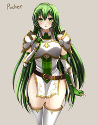  :o armor belt blush boots breastplate breasts commission dress elbow_gloves erinys_(fire_emblem) female fingerless_gloves fire_emblem fire_emblem:_genealogy_of_the_holy_war fire_emblem_heroes gloves green_eyes green_gloves green_hair highres long_hair looking_at_viewer pauldrons pegasus_knight_uniform_(fire_emblem) pixiv_commission short_dress shoulder_armor solo thigh_boots very_long_hair white_dress yozu_(yozu0420) zettai_ryouiki 