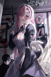  1boy absurdres apron black_dress blood blood_on_clothes blood_on_face blue_eyes blush bookshelf corpse dress eyes_visible_through_hair female frills gloves gongha gun hair_in_own_mouth highres holding holding_gun holding_weapon indoors juliet_sleeves long_hair long_sleeves looking_at_viewer loose_hair_strand maid maid_apron maid_headdress mirror original painting_(object) parted_bangs pink_hair puffy_sleeves reaching reaching_towards_viewer smile the_scream weapon white_gloves wrist_cuffs yandere 