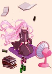  black_coat book can closed_eyes coat electric_fan female floating_hair full_body highres holding holding_can kneeling long_hair motion_blur pink_background pink_hair pointy_ears re:zero_kara_hajimeru_isekai_seikatsu ryuzu_meyer solo very_long_hair wristband yasehattagi 