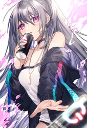  bad_id bad_pixiv_id bare_shoulders black_choker black_jacket black_shorts blurry breasts can choker collarbone cowboy_shot coyucom depth_of_field dive_to_zone energy_drink female grey_hair hair_between_eyes hand_up highres holding jacket jewelry long_hair long_sleeves looking_at_viewer necklace off_shoulder open_clothes open_jacket parted_lips ponytail purple_eyes shirt short_shorts shorts sidelocks small_breasts solo strapless strapless_shirt very_long_hair white_shirt zone_(energy_drink) 