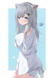  animal_ears blue_eyes cat_ears cat_girl cat_tail expressionless female grey_hair highres indie_virtual_youtuber long_hair long_sleeves looking_at_viewer nachoneko off_shoulder open_clothes open_shirt parted_lips shinshia_(sinsia_0928) shirt short_shorts shorts sleeves_past_fingers sleeves_past_wrists solo tail virtual_youtuber white_shirt white_shorts 