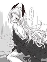  an_fyhx arknights back bare_shoulders bite_mark blush closed_mouth female from_behind greyscale hand_on_own_shoulder head_wings highres irene_(arknights) long_hair looking_at_viewer looking_back monochrome motion_lines off_shoulder pantyhose scar scar_across_eye scar_on_face sitting solo speech_bubble trembling very_long_hair wings 