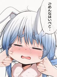  =_= animal_ear_fluff animal_ears bad_id bad_twitter_id blue_hair blush cheek_pinching cheek_pull closed_eyes commentary_request crying ears_down facing_viewer female fingernails highres hololive long_hair mamerakkkkko open_mouth pinching portrait pov pov_hands rabbit_ears solo_focus tears translated usada_pekora virtual_youtuber 