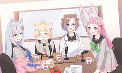  4girls :d ^_^ absurdres ahoge animal_ear_fluff animal_ears arm_up bell black-framed_eyewear black_sailor_collar blue_bow blush bow brand_name_imitation brooch brown_hair cardigan cat_ears cat_girl chocolate_chip_cookie closed_eyes commentary_request cookie cup dog_ears food frilled_bow frills glasses green_bow green_eyes grey_hair grey_shirt grey_skirt gucchiann hair_bobbles hair_intakes hair_ornament hairbow heart heart_ahoge highres indie_virtual_youtuber jacket jewelry jingle_bell kemomimi_refle! komae_nadeshiko long_hair maid_headdress microphone multicolored_hair multiple_girls nekoma_karin oerba_yun_fang off_shoulder on_chair open_cardigan open_clothes parted_bangs pink_bow pink_cardigan pink_hair plate pleated_skirt pocky purple_eyes rabbit_ears ronomiya_hinagiku sailor_collar shirt short_eyebrows sitting skirt smile streaked_hair thick_eyebrows two_side_up uno_sakura very_long_hair virtual_youtuber white_jacket 