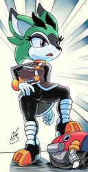  barely_sly black_pants brown_jacket clove_the_pronghorn derivative_work female furry furry_female gloves hand_on_own_hip highres jacket open_mouth pants screenshot_redraw signature solo sonic_(series) sonic_the_hedgehog_(archie_comics) watermark white_gloves 