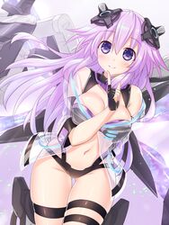  adult_neptune ass_visible_through_thighs bare_shoulders black_gloves blush breasts cleavage closed_mouth female fingerless_gloves gloves hand_up headgear highres kazuneko_(wktk1024) large_breasts long_hair looking_at_viewer navel neptune_(series) purple_eyes purple_hair see-through skindentation smile solo thigh_strap thighs wings 