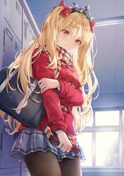  alternate_costume bag blonde_hair blue_skirt blush bow box breasts brown_pantyhose brown_scarf closed_mouth commentary_request ereshkigal_(fate) fate/grand_order fate_(series) female getabako gift gift_box grey_skirt hair_between_eyes hairbow higeneko highres holding holding_gift indoors jacket long_hair long_sleeves looking_at_viewer md5_mismatch medium_breasts pantyhose parted_bangs plaid plaid_skirt pleated_skirt red_bow red_eyes red_jacket scarf school_bag shoulder_bag skirt solo sweat thighs tiara two_side_up valentine very_long_hair window 