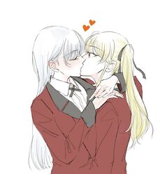  2girls anmitsu_sd arm_around_neck blazer blonde_hair blush closed_eyes collared_shirt commentary_request hand_on_another&#039;s_shoulder heart highres hyakkaou_academy_school_uniform jacket kakegurui kissing long_hair momobami_ririka multiple_girls red_jacket saotome_mary school_uniform shirt simple_background white_background white_hair white_shirt yuri 