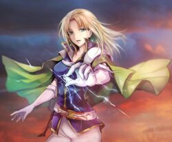  belt blonde_hair blue_sky breasts cape cloud cloudy_sky commentary cowboy_shot dress earrings elbow_gloves electricity female fire_emblem fire_emblem:_the_sacred_stones gloves green_cape green_eyes highres jewelry looking_at_viewer magic medium_breasts medium_hair mintes orange_sky outdoors parted_bangs parted_lips purple_vest selena_(fire_emblem:_the_sacred_stones) sky solo vest white_dress white_gloves wind 