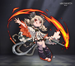  absurdres arknights blonde_hair closed_mouth dress female fire full_body highres holding holding_wand horns ifrit_(arknights) lataedelan long_hair long_sleeves looking_at_viewer orange_eyes outstretched_arm sandals smile solo toeless_footwear tongue tongue_out twintails v-shaped_eyebrows wand white_dress 