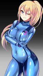  arms_under_breasts blonde_hair blue_bodysuit blue_eyes blush bodysuit breasts cleavage commentary covered_navel eyelashes female highres ibusuki large_breasts latex latex_bodysuit long_hair looking_at_viewer metroid mole mole_under_mouth one_eye_closed ponytail samus_aran skin_tight smile solo tight_clothes zero_suit 