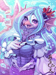  2020 4_fingers accessory air_bubble amabie anthro asian_mythology beak blue_hair blue_theme blush clothed clothing ear_fins ear_piercing east_asian_mythology female fin fingers frilly frilly_clothing fully_clothed hair hair_accessory half-length_portrait hi_res inutsukihasukii japanese_mythology japanese_text kemono looking_at_viewer marine merfolk multicolored_hair mythology piercing portrait purple_eyes solo split_form text two_tone_hair underwater water white_body white_skin yokai 