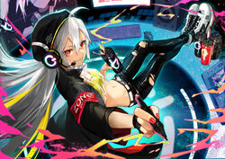  ahoge armband bandeau belt black_jacket black_pants can computer_keyboard crop_top dive_to_zone energy_drink female floating_hair foreshortening grey_hair grin hair_between_eyes headphones holding hood hooded_jacket jacket latex latex_legwear lightning long_hair looking_at_viewer midriff monitor nail_polish navel nima_(niru54) open_clothes open_jacket pants popped_collar red_eyes red_nails see-through sharp_teeth shirt shoes smile sneakers solo stomach stylus teeth torn_clothes torn_pants v-shaped_eyebrows very_long_hair white_footwear zone_(energy_drink) 