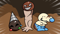  16:9 armando black_eyes blue_body blue_skin brown_body brown_skin cave choccorai closed_eyes drill fakemon group hi_res lanshil mud mudpants pokemon_clover waddling_head widescreen yellow_body yellow_skin 