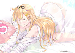  :3 ass black_ribbon blanket blonde_hair breasts cat_stretch closed_eyes commentary_request dress_shirt female gradient_hair hair_flaps hair_ornament hair_ribbon hairclip kantai_collection long_hair medium_breasts messy_hair mikage_takashi morning multicolored_hair naked_shirt pillow ribbon shirt solo straight_hair stretching waking_up yuudachi_(kancolle) yuudachi_kai_ni_(kancolle) 