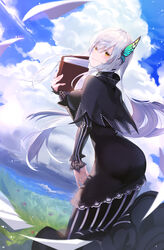  absurdres black_dress book butterfly_hair_ornament capelet cloud colored_eyelashes day dress echidna_(re:zero) female flying_paper from_behind grasslands hair_between_eyes hair_ornament highres holding holding_book long_hair looking_at_viewer mute_fanta855 paper re:zero_kara_hajimeru_isekai_seikatsu smile solo white_hair yellow_eyes 