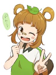  bad_id bad_pixiv_id bandaid bandaid_on_face bandaid_on_nose blush_stickers brown_eyes brown_hair female hair_rings highres inazuma_eleven_(series) inazuma_eleven_ares_no_tenbin leaf leaf_on_head one_eye_closed open_mouth shinbiko simple_background soccer_uniform solo sportswear tanukigahara_ponko updo v white_background 